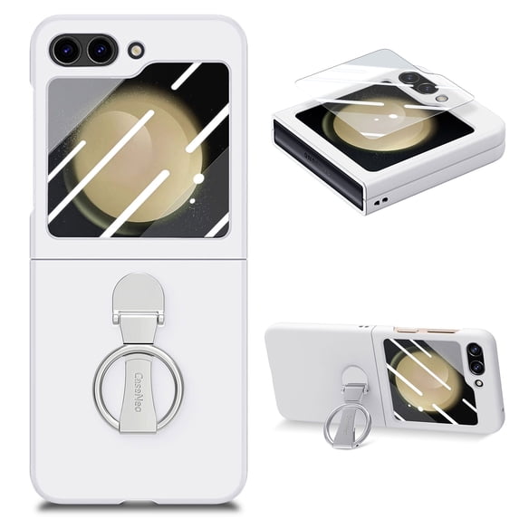 Ring Holder Case Compatible with Samsung Galaxy Z Flip 6 Case, Slim Thin Solid Sturdy Hard PC All-Inclusive Anti-Drop Built-in Screen Protector Case for Samsung Galaxy Z Filp 5 5G 2023, White