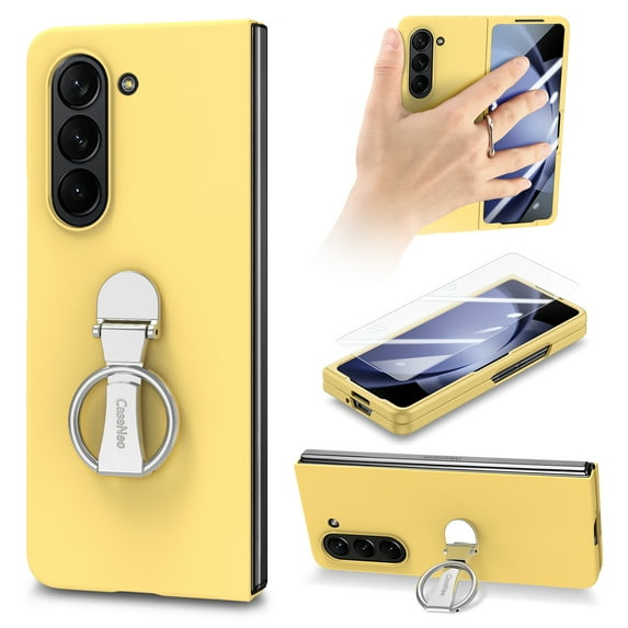 Ring Holder Case Compatible with Samsung Galaxy Z Fold 6 Case, Slim Thin Solid Sturdy Hard PC All-Inclusive Anti-Drop Built-in Screen Protector Case for Samsung Galaxy Z Fold 6 5G, Yellow