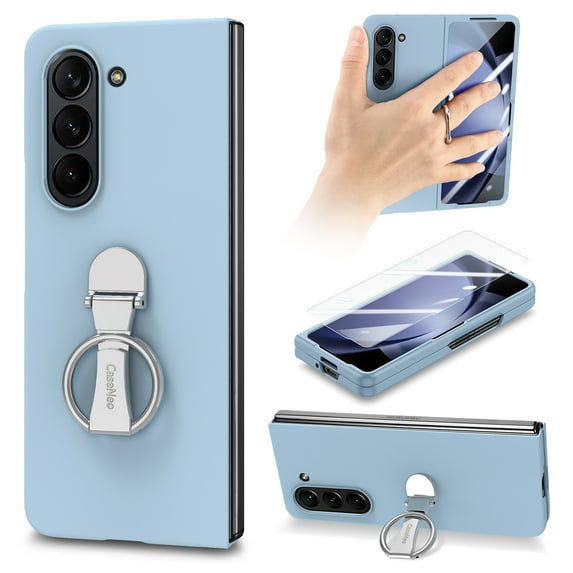 Ring Holder Case Compatible with Samsung Galaxy Z Fold 6 Case, Slim Thin Solid Sturdy Hard PC All-Inclusive Anti-Drop Built-in Screen Protector Case for Samsung Galaxy Z Fold 6 5G, Skyblue
