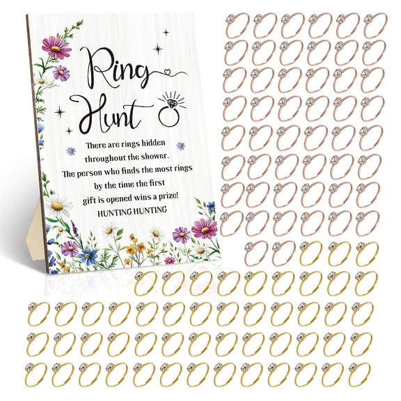 Ring Hunter Wedding Shower Game Signs with Rings Daisies Flowers Funny Wooden Game Sign and 100 PCS Metal Fake Rings