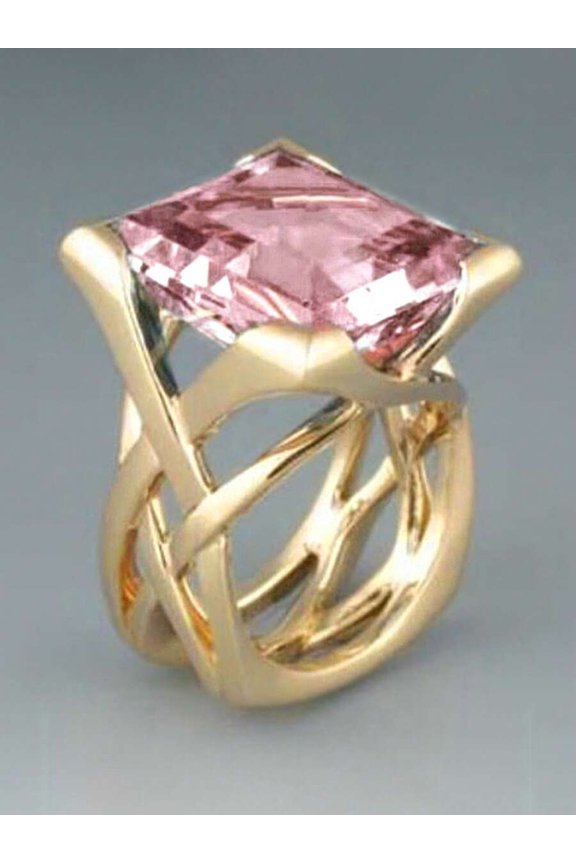 Ring In Yellow Gold-2 With Crossover Design And Pink Square Cubic Zirconia