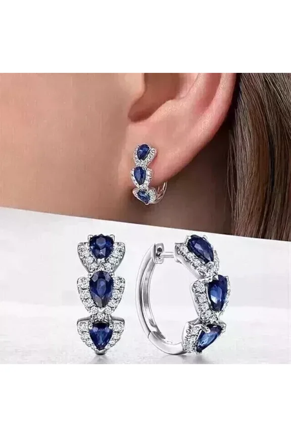 2.00 CT Pear Cut Cubic Zirconia Sapphire Huggie Hoop Clip On Earrings Real 925 Sterling Silver