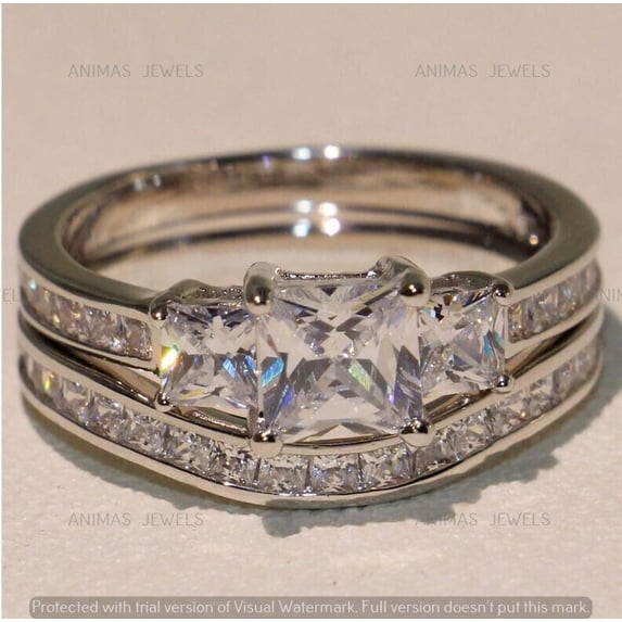Ring Jewels 2.75 CT Princess Cut Lab Created Diamond 3-Stone Wedding Bridal Ring Set Real 925 Sterling Silver