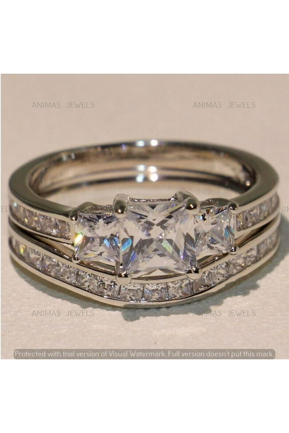 2.75 CT Princess Cut Lab Created Diamond 3-Stone Wedding Bridal Ring Set Real 925 Sterling Silver