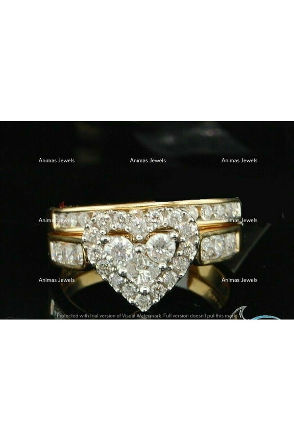3.05 CT Round Cut Lab Created Diamond Bridal Heart Engagement Ring Band Set 14K Yellow Gold Plated Silver