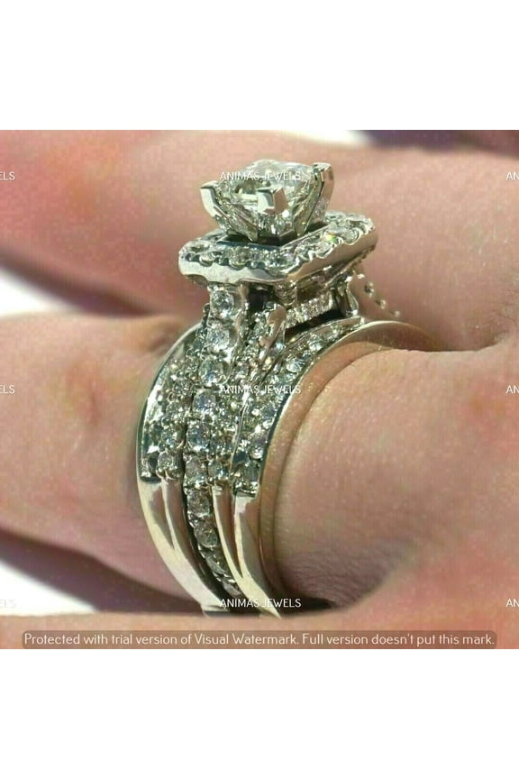 Real 925 Sterling Silver 2.00 CT Princess Cut White Cubic Zirconia Bridal Wedding Ring Set