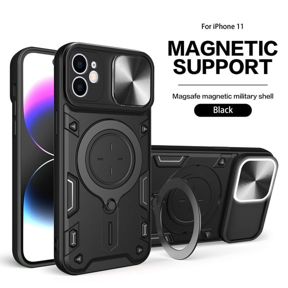 Ring Kickstand Case for iPhone 11, Camera Lens Sliding Cover with Invisible Stand, [Military Drop Protection] Heavy Duty Shockproof Lens Protection Magnetic Car Mount Phone Case, Black