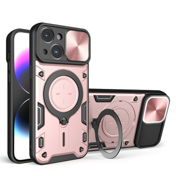 Ring Kickstand Case for iPhone 14, Camera Lens Sliding Cover with Invisible Stand, [Military Drop Protection] Heavy Duty Shockproof Lens Protection Magnetic Car Mount Phone Case, Pink