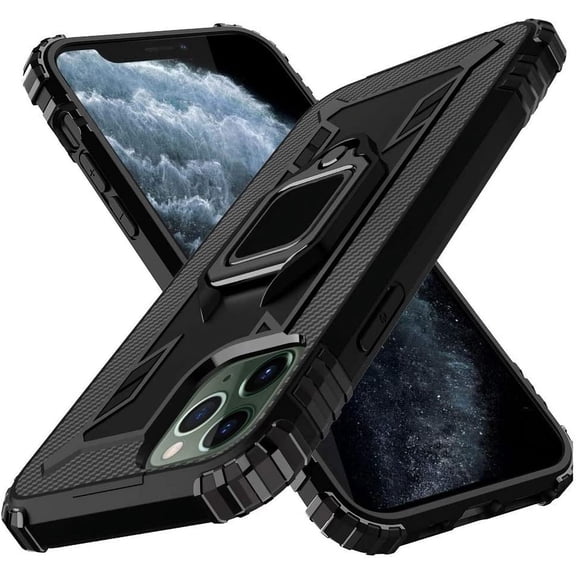 Ring Kickstand Heavy Duty Dual Layer Reinforced Corner, Drop Protection Raised Screen Edge Case, Fits Magnetic Car Mount Compatible for iPhone 11 [6.1 inch] - Black