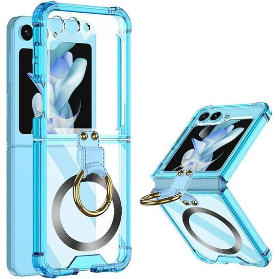 Ring Kickstand Magnetic Case for Samsung Galaxy Z Flip 5 4 5G Compatible with Magsafe,Shockproof Transparent Anti-Yellow for Women Men Armor Cover (Blue,for Samsung Z Flip 5)