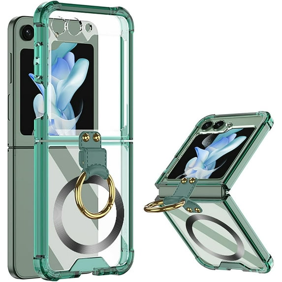 Ring Kickstand Magnetic Case for Samsung Galaxy Z Flip 5 4 5G Compatible with Magsafe,Shockproof Transparent Anti-Yellow for Women Men Armor Cover (Green,for Samsung Z Flip 5)