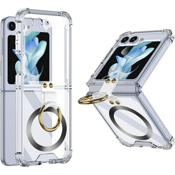 Ring Kickstand Magnetic Case for Samsung Galaxy Z Flip 6 5 4 5G Compatible with Magsafe,Shockproof Transparent Anti-Yellow for Women Men Cover (Clear,for Samsung Z Flip 6)