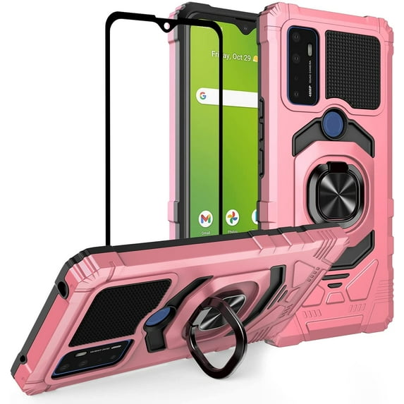 Ring Kickstand Phone Case for AT&T Radiant Max 5G / Cricket Dream 5G w/Tempered Glass Screen Protector for Car Mount Hybrid Hard Shockproof Case - Rose Gold