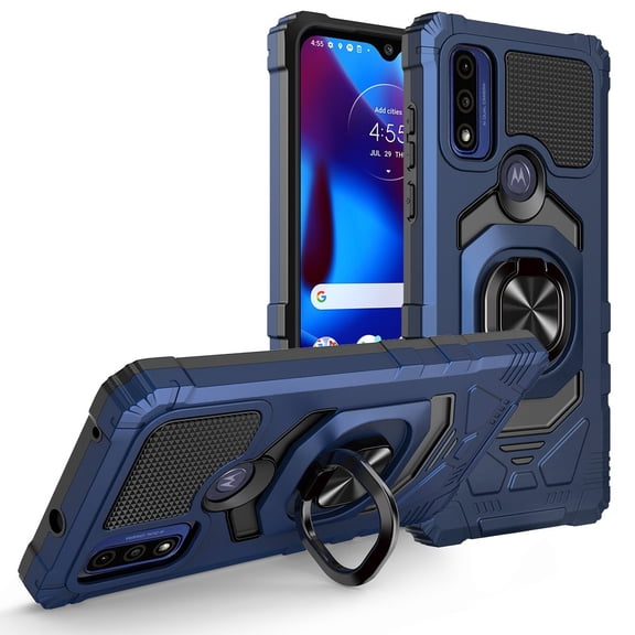 Ring Kickstand Phone Case for Motorola Moto G Play 2023 / Moto G Pure / Moto G Power 2022 Case w/Tempered Glass Screen Protector for Car Mount Hard Shockproof Case Cover - Blue