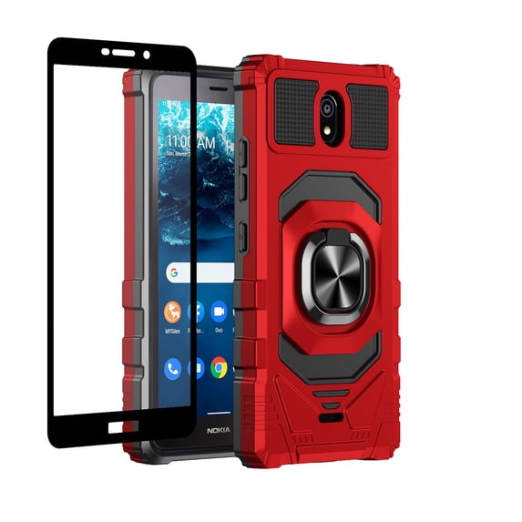 Ring Kickstand Phone Case for Nokia C100 w/Tempered Glass Screen Protector for Car Mount Hybrid Hard Shockproof Case - Red