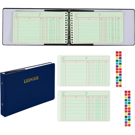Ring Ledger Binder with 200 Pcs 5"x8.5" Ledger Sheets Small Index Tabs for Bookkeeping Accounting Business with Debit Credit Balance Columns(Blue Cover, Yellow Sheets)