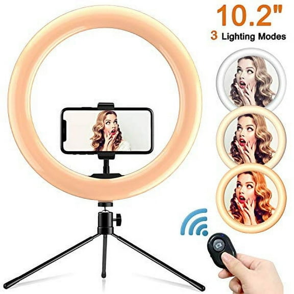 Ring Light 10" with Desk Tripod Stand Phone Holder Desktop Ringlight 3 Light Modes 10 Brightness Level for Live Streaming YouTube Video Dimmable Desktop Makeup Photography Shooting (10 inch)