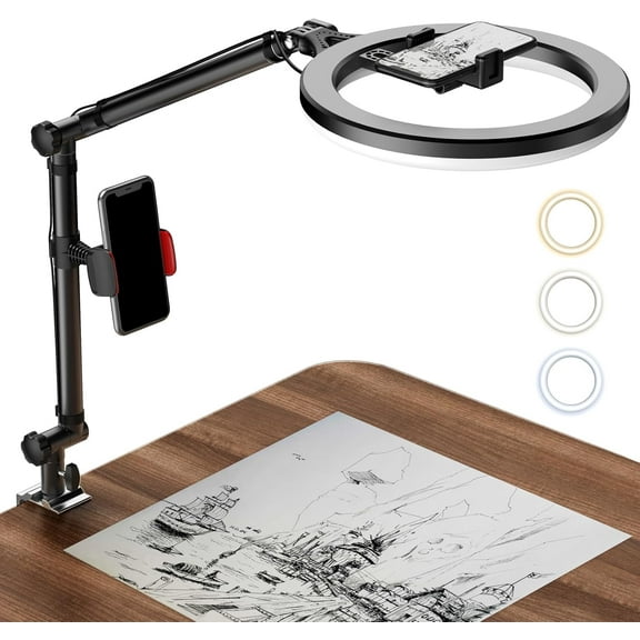 Ring Light with Stand and Phone Holder, 10" Ring Light for Desk, Overhead Camera Mount with Ringlight, Desk Lamp with Clamp for Photography//Live StreamVideo/YouTube