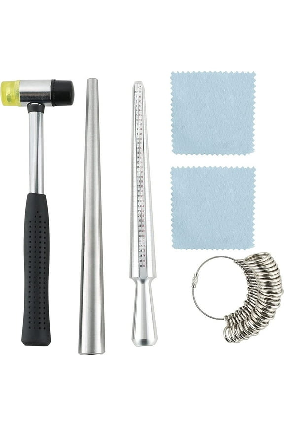 Ring Mandrel Sizer Tool with Metal Mandrel Finger Sizing Measuring Stick and Ring Sizer Guage of 27 Pcs Circle Models Jewelry Sizer Tool and Rubber Jewelers Hammer