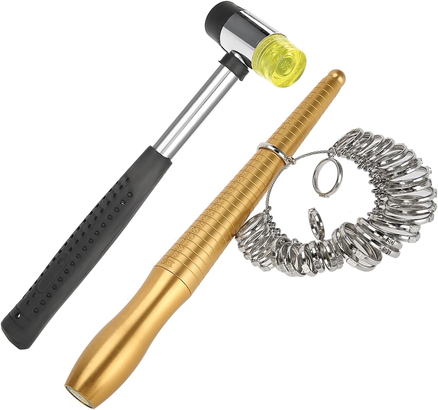 MENKEY Ring Measuring Tool Set Ring Mandrel Sizer Set 3pcs Finger Measuring Stick, Handle Hammer Ideal Jewelry Tool