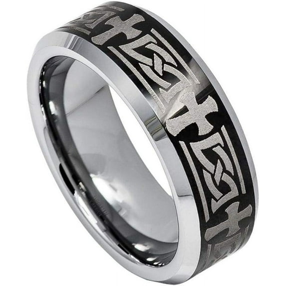 Ring for Men and Ladies ipauly inc Ring Beveled Edge Ring with Celtic Cross Engraved on High Polished/Shiny Black IP Plated Center – 8mm Wedding Band Ring Ideal Rings for Couples