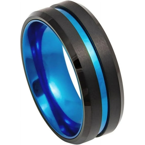 Ring for Men and Ladies ipauly inc Ring Black IP Plated, Grooved Center with Blue Anodized Aluminum Sleeve – 8mm Wedding Band Ring Ideal Rings for Couples