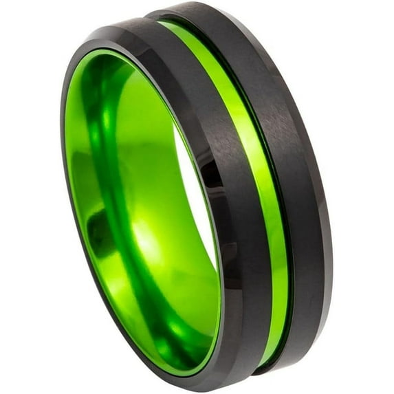 Ring for Men and Ladies ipauly inc Ring Black IP Plated, Grooved Center with Green Anodized Aluminum Sleeve – 8mm Wedding Band Ring Ideal Rings for Couples