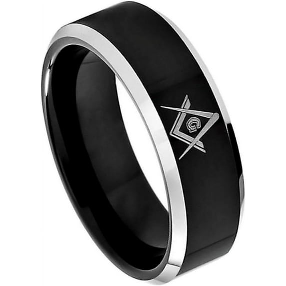 Ring for Men and Ladies ipauly inc Ring Black IP Plated High Polish Laser Engraved Freemasonry Masonic Symbol Compass & Square, Beveled Edge – 8mm Wedding Band Ring Ideal Rings for Couples