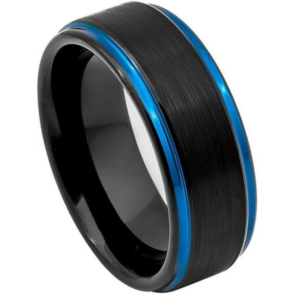 Ring for Men and Ladies ipauly inc Ring Black Outside, Blue Inside IP Plated Brushed Finish Stepped Edge – 8mm Wedding Band Ring Ideal Rings for Couples