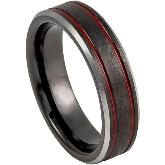 Ring for Men and Ladies ipauly inc Ring Charcoal Gray IP Plated Ice Finish with 2 Red Thin Line, Beveled Edge – 6mm Wedding Band Ring Ideal Rings for Couples