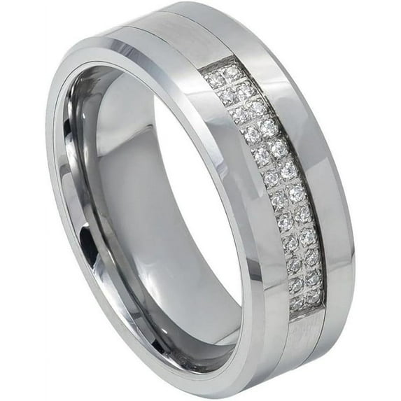 Ring for Men and Ladies ipauly inc Ring Double Row Prong-set 24 Round CZs Band Brushed/Shiny Finish Low Beveled Edge – 8mm> Wedding Band Ring Ideal Rings for Couples
