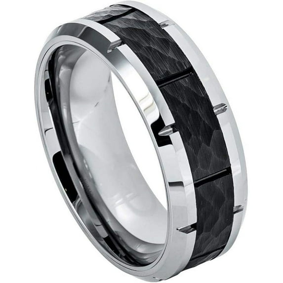 Ring for Men and Ladies ipauly inc Ring High Polished Beveled Edge with Notches & Black IP Plated Hammered Finish Center 8mm Wedding Band Ring Ideal Rings for Couples