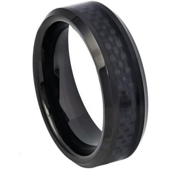 Ring for Men and Ladies ipauly inc High Polished Black IP Plated with Black Carbon Fiber Inlay Beveled Edge – 6mm Wedding Band Ring Ideal Rings for Couples