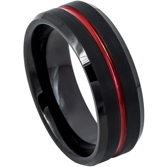 Ring for Men and Ladies ipauly inc Ring Red IP Plated Shiny Grooved Center, Black Brushed Beveled Edge – 8mm Wedding Band Ring Ideal Rings for Couples