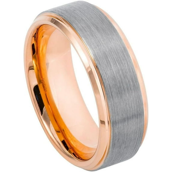 Ring for Men and Ladies ipauly inc Ring Rose Gold IP Plated Inside & Beveled Edge Gun Metal Brushed Finish – 8mm Wedding Band Ring Ideal Rings for Couples