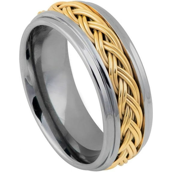 Ring for Men and Ladies ipauly inc Ring Step Edge High Polished with Yellow Gold IP Plated Double Braid Inlay – 8mm Wedding Band Ring Ideal Rings for Couples