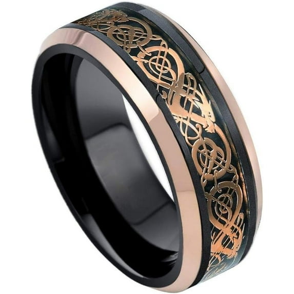 Ring for Men & Ladies ipauly inc Ring Two-tone Black and Rose Gold IP Plated Celtic Dragon Cut-Out and Beveled Edge – 8mm Wedding Band Ring Ideal Rings for Couples