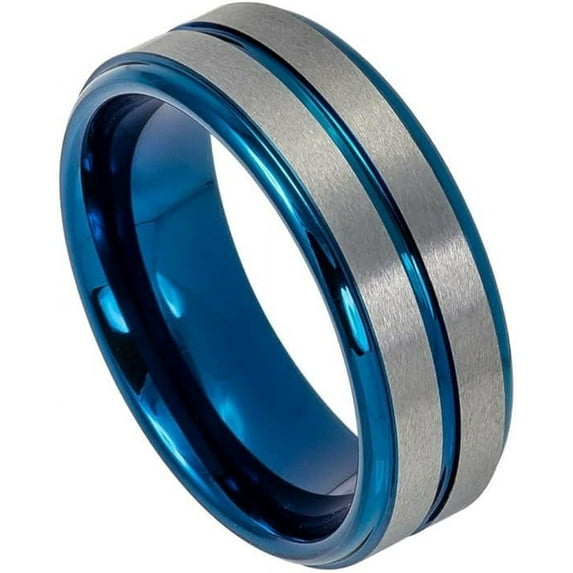 Ring for Men and Ladies ipauly inc Ring Two-tone Blue IP Plated Center Grooved Brushed Finish Stepped Edge – 8mm Wedding Band Ring Ideal Rings for Couples