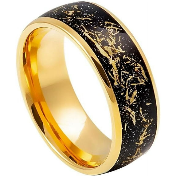 Ring for Men and Ladies ipauly inc Ring Yellow Gold IP Plated Domed Ring with Imitation Meteorite Inlay – 8mm Wedding Band Ring Ideal Rings for Couples