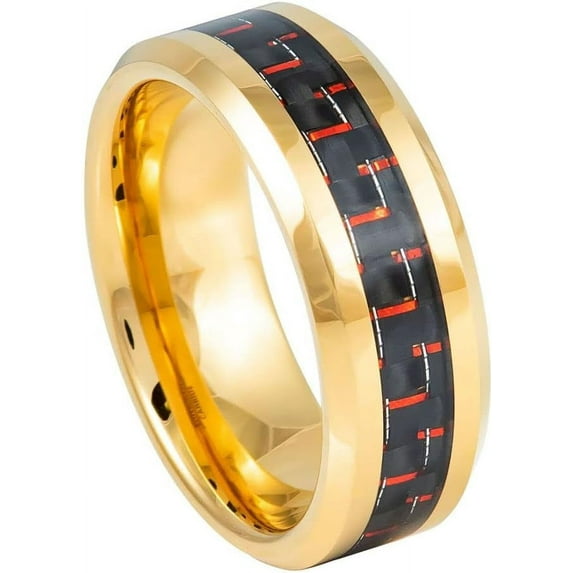 Ring for Men and Ladies ipauly inc Ring Yellow Gold Plated High Polish with Red & Black Carbon Fiber Inlay Beveled Edge – 8mm Wedding Band Ring Ideal Rings for Couples