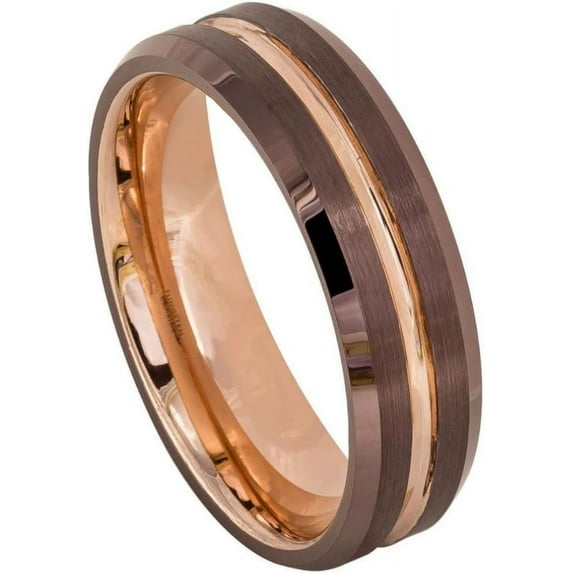 Ring for Men and Women Gifts With Thought Ring Beveled Edge Brushed Brown IP Plated Outside with Rose Gold IP Plated Grooved Center & Inside 6mm Wedding Band Ring Ideal Rings for Couples