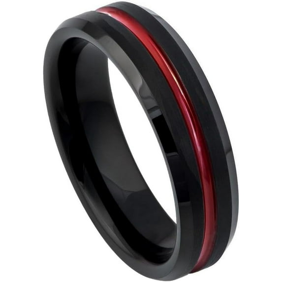 Ring for Men and Women Gifts With Thought Ring Red IP Plated Grooved Center, Black Brushed Beveled Edge – 6mm Wedding Band Ring Ideal Rings for Couples