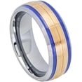 thumbnail image 1 of Ring for Men & Women Gifts With Thought Ring Rose Gold IP Plated Brushed Grooved with Blue Hue/Bluish Trims on both sides – 8mm Wedding Band Ring Ideal Rings for Couples, 1 of 5