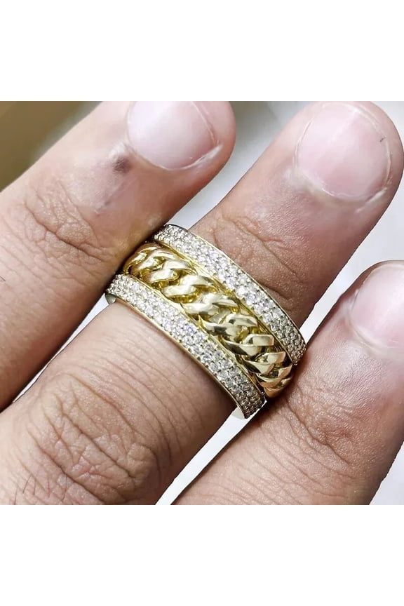Ring Men's Cuban Link 14K Yellow Gold Plated White Moissanite Round Cut 2 Ct