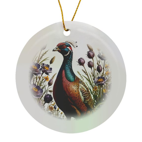 3drose, Ring-necked Pheasant Surrounded by American Pasque Flower, Circle Porcelain Ornament