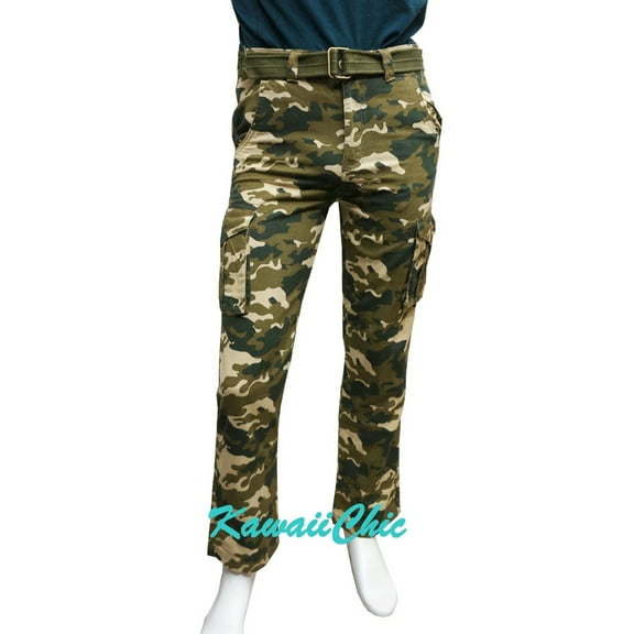 Ring Of Fire Army Green Camo Military Ranger Camping Outdoor Cargo Belted Pants Youth Big Boys 14