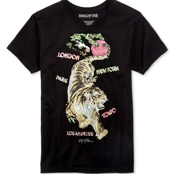 Ring Of Fire Mens World Tiger Graphic T-Shirt, Black, Medium