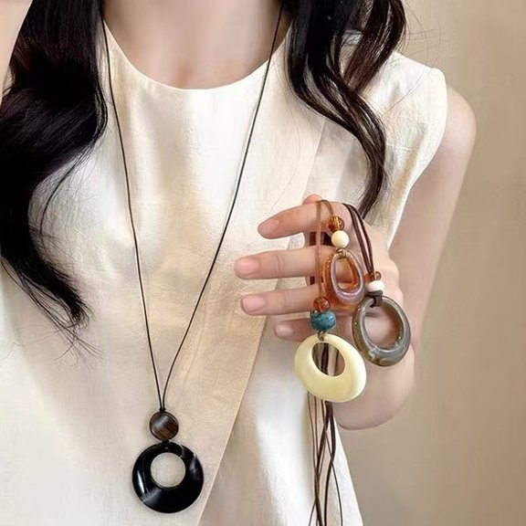 Ring Pendant Black Rope Long Necklace For Women