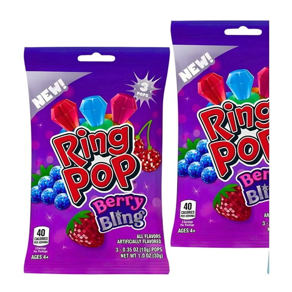 Ring Pop Berry Bling 3 Count Bags (2 Pack) Fruity Lollipop Candy for Parties, Individually Wrapped Treats, Blue Raspberry, Strawberry & Cherry Flavors