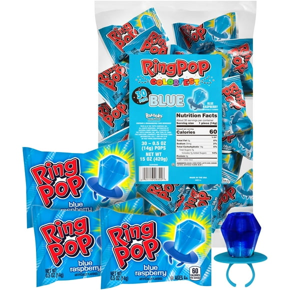 Ring Pop Blue Individually BCF26 Wrapped Candy, 30 Count Lollipop Pack - Raspberry Flavored Lollipop Suckers for Kids, Fun Candy Bulk for Gender Reveal & Bachelorettes, Kids Party Favors